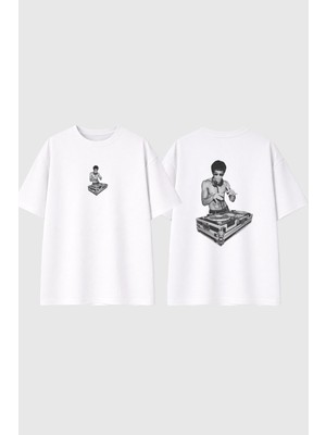 Urbvn Dj Fighter Tasarım Baskılı Beyaz Oversize T Shirt