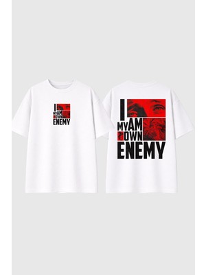 Urbvn Enemy Tasarım Baskılı Beyaz Oversize T Shirt