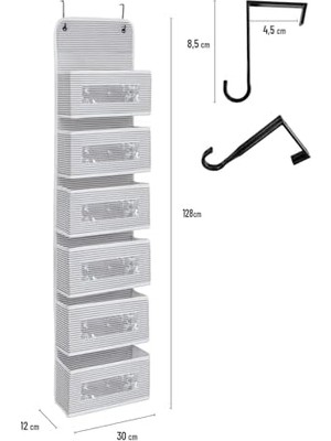 Skygo 6 Katlı Kapı Arkası Düzenleyici Raf Bebek Eşyası Çocuk Odası Banyo Organizer (Gri - Beyaz Çizgili)
