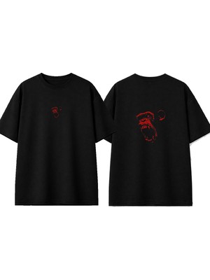 Urbvn Red Monkey Tasarım Baskılı Siyah Oversize T-Shirt