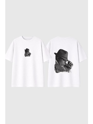 Urbvn Man With Hat Tasarım Baskılı Beyaz Oversize T Shirt