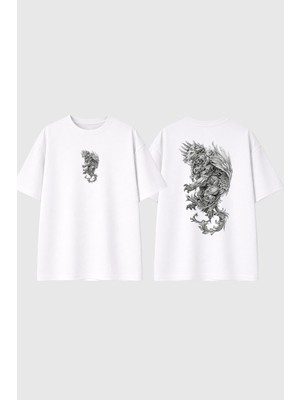 Urbvn Ancient Lion Tasarım Baskılı Beyaz Oversize T Shirt