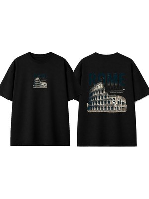 Urbvn Rome Tasarım Baskılı Siyah Oversize T-Shirt