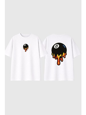 Urbvn 8 Ball Fire Tasarım Baskılı Beyaz Oversize T Shirt