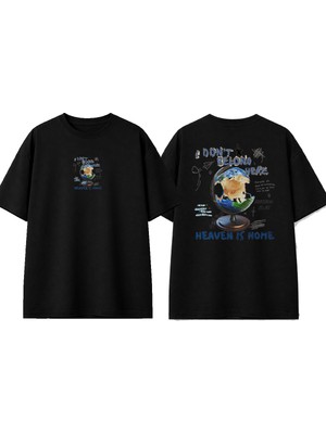 Urbvn Heaven Home Tasarım Baskılı Siyah Oversize T-Shirt