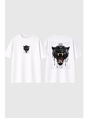Urbvn Panther Tasarım Baskılı Beyaz Oversize T Shirt