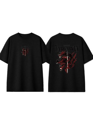 Urbvn House Targaryen Tasarım Baskılı Siyah Oversize T-Shirt