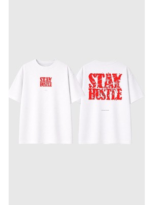 Urbvn Stay Hustle Tasarım Baskılı Beyaz Oversize T Shirt