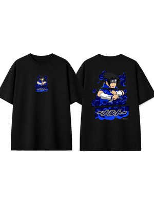 Urbvn Blue Samurai Tasarım Baskılı Siyah Oversize T-Shirt