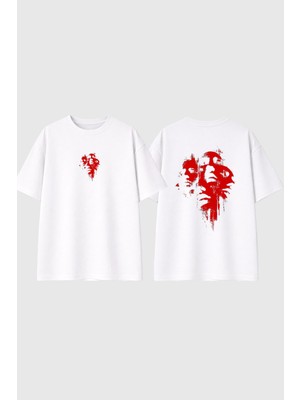 Urbvn Red Faces Tasarım Baskılı Beyaz Oversize T Shirt