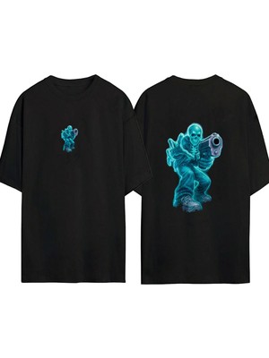 Urbvn Killer Skull 1 Tasarım Baskılı Siyah Oversize T Shirt