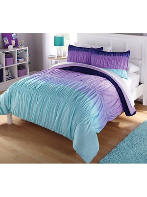 Skygo Kids Ombre Dantelli 3 Parça Yorgan Seti, Tam, Mavi ve Mor