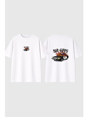 Urbvn No Cops Tasarım Baskılı Beyaz Oversize T Shirt