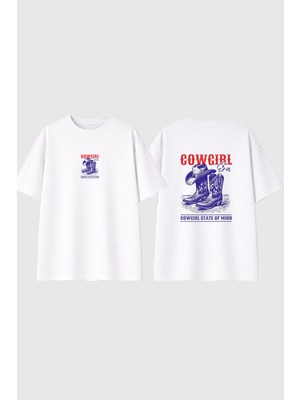 Urbvn Cow Girl Tasarım Baskılı Beyaz Oversize T Shirt