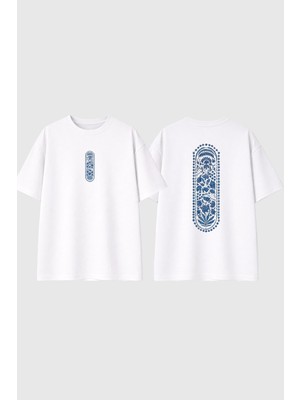 Urbvn Ethnic 3 Tasarım Baskılı Beyaz Oversize T Shirt