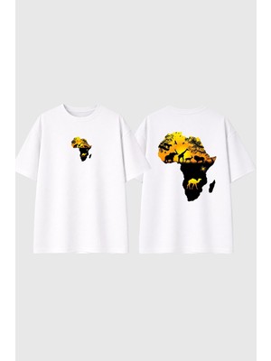 Urbvn Africa 2 Tasarım Baskılı Beyaz Oversize T Shirt