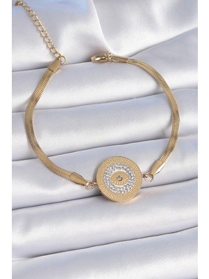 Vice Avm 316L Çelik Gold Renk İtalyan Zincir Zirkon Taşlı Göz İşlemeli Madalyon Model Kadın Bileklik - TJ-BB6445 TG-V 7384