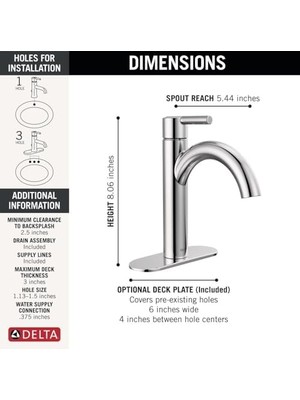Skygo Nicoli Tek Delikli Banyo Bataryası, Tek Kolu Banyo Bataryası Krom, Banyo Lavabo Bataryası, Tahliye Montajı, Krom 15749LF