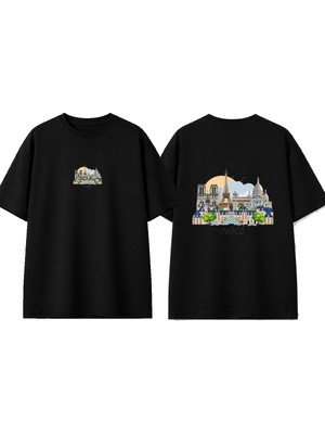 Urbvn Paris View Tasarım Baskılı Siyah Oversize T-Shirt