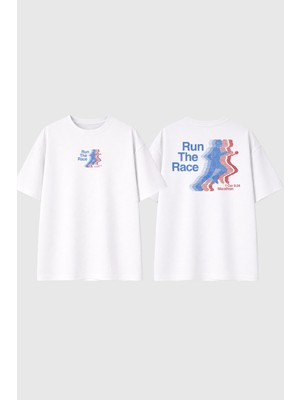 Urbvn Run Race Tasarım Baskılı Beyaz Oversize T Shirt
