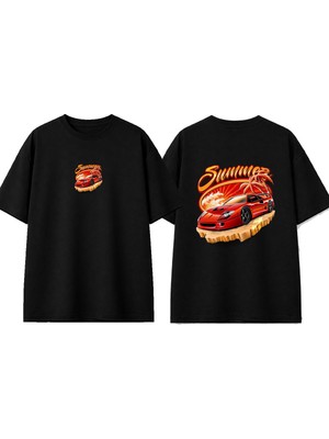 Urbvn Red Car Tasarım Baskılı Siyah Oversize T-Shirt