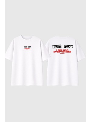 Urbvn I See God Tasarım Baskılı Beyaz Oversize T Shirt
