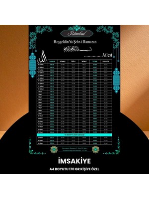 Ramazan Imsakiyesi - 170 gr - A4 Boyut Kişiye Özel Isimli & Logolu 100 Adet Siyah-Mavi