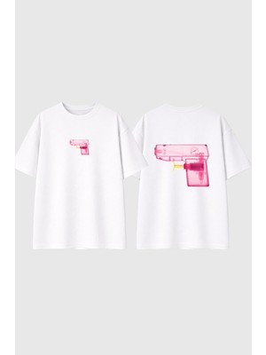 Urbvn Pink Gun Tasarım Baskılı Beyaz Oversize T Shirt