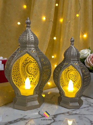 Özbience Gümüş Renkli Hilal Desenli Ramazan Feneri 19CM/15CM + LED Hediyeli