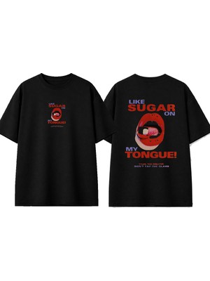 Urbvn Sugar On My Tongue Tasarım Baskılı Siyah Oversize T-Shirt