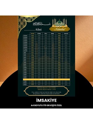 Ramazan Imsakiyesi - 170 gr - A4 Boyut Kişiye Özel Isimli & Logolu 100 Adet Koyu Yeşil