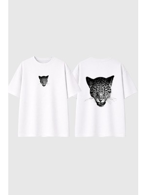 Urbvn Leopard Face Tasarım Baskılı Beyaz Oversize T Shirt