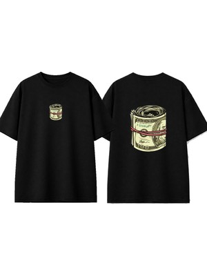 Urbvn Dolars 2 Tasarım Baskılı Siyah Oversize T-Shirt