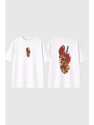 Urbvn Samurai Bird Tasarım Baskılı Beyaz Oversize T Shirt