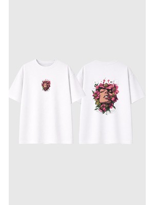 Urbvn Grace Flower Tasarım Baskılı Beyaz Oversize T Shirt