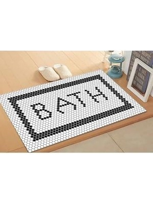 Skygo Siyah Beyaz Bath Yazılı Yıkanabilir Banyo Paspası Beyaz 40 x 60