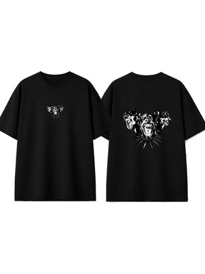 Urbvn Triple Dog Tasarım Baskılı Siyah Oversize T-Shirt
