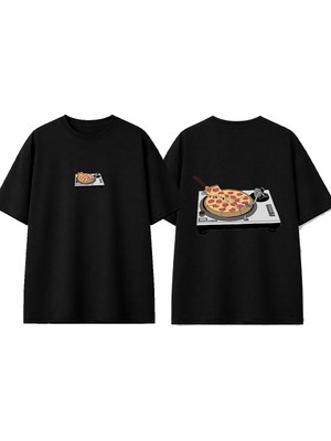 Urbvn Pizza Plak Tasarım Baskılı Siyah Oversize T-Shirt