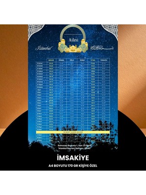 Ramazan Imsakiyesi - 170 gr - A4 Boyut Kişiye Özel Isimli & Logolu 100 Adet Gökyüzü