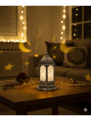 Özbience 16 cm Parlak Gümüş Ramazan Ledli Dekoratif Fener