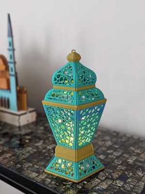 Özbience Turkuaz Gold Şam Tarzı LED Işıklı Ramazan Feneri, Şık ve Sıcak Atmosfer