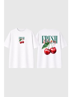 Urbvn Fresh Cherry Tasarım Baskılı Beyaz Oversize T Shirt