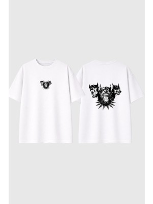 Urbvn Triple Dog Tasarım Baskılı Beyaz Oversize T Shirt