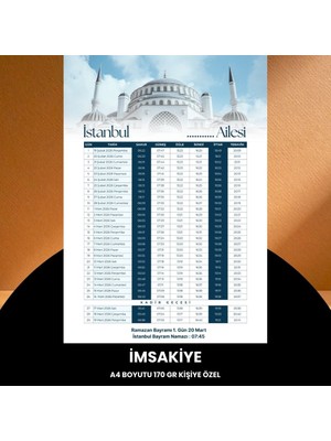 Urfakent Ramazan Imsakiyesi - 170 gr - A4 Boyut Kişiye Özel Isimli & Logolu 100 Adet Mavi
