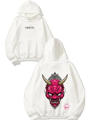 Urbvn Pink Demon Tasarım Baskılı Oversize Beyaz Kapüşonlu Sweatshirt