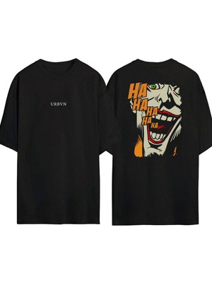 Urbvn Joker Haha Tasarım Baskılı Siyah Oversize T Shirt