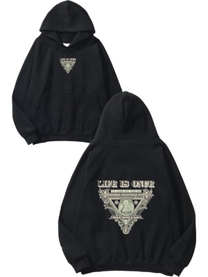 Urbvn Life Is Once Tasarım Baskılı Oversize Siyah Kapüşonlu Sweatshirt