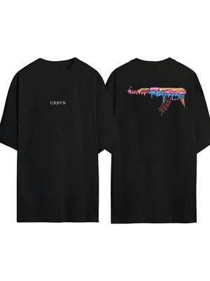 Urbvn Ak 47 Sugar Tasarım Baskılı Siyah Oversize T Shirt