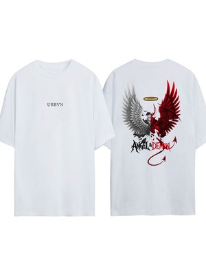 Urbvn Angel Demon 3 Tasarım Baskılı Beyaz Oversize T-Shirt