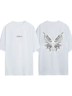Urbvn Ghost Butterfly Tasarım Baskılı Beyaz Oversize T-Shirt